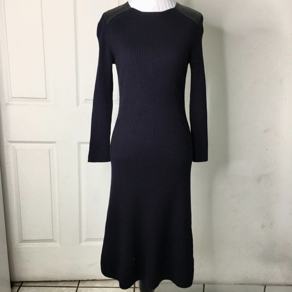 Tory Burch Women's Black Long Sleeve Ribbed Midi Dress with Leather Size Small